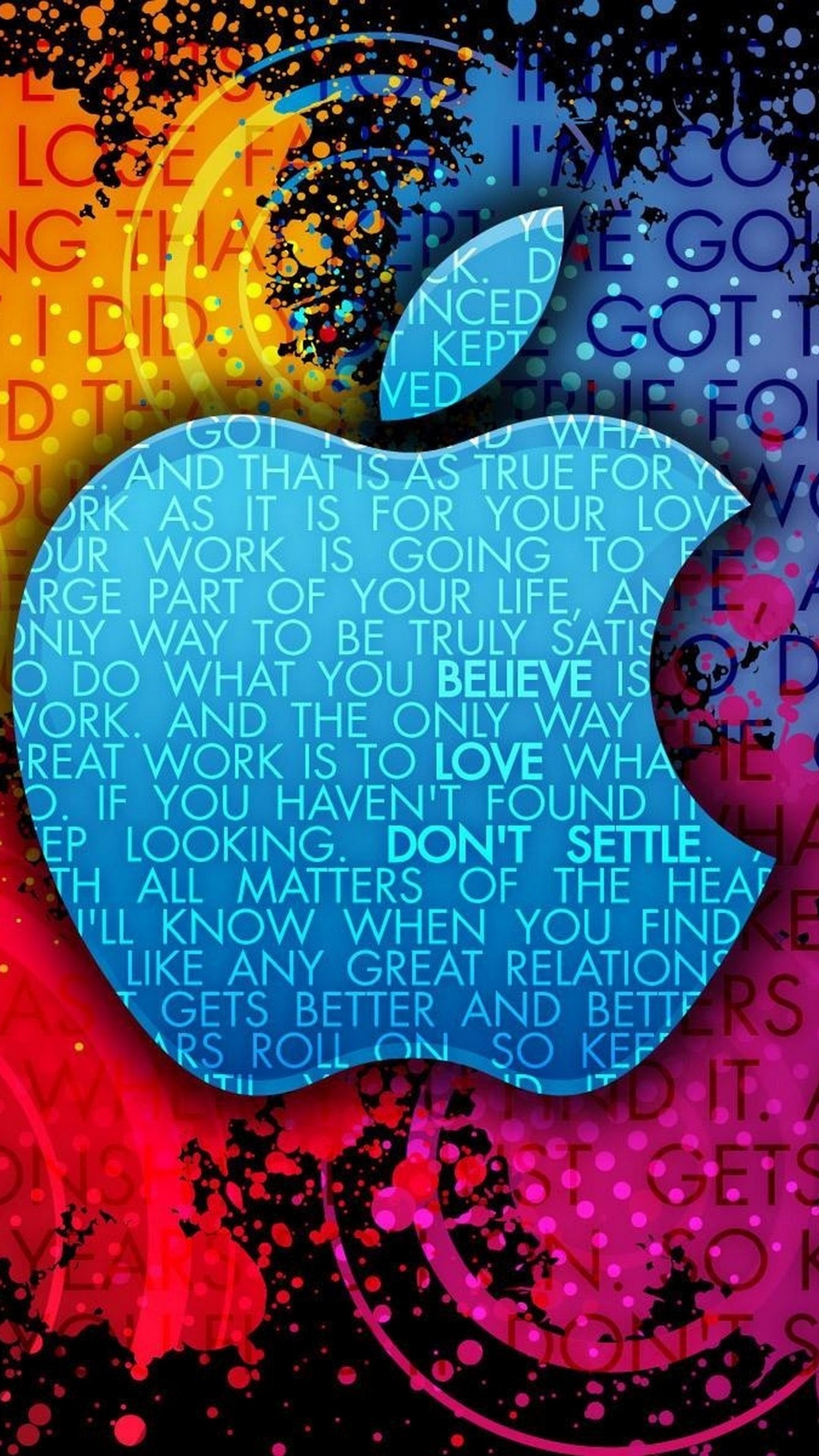 Un logo apple avec un fond coloré et une citation (pomme, art psychédélique, cœur, conception graphique, illustration)