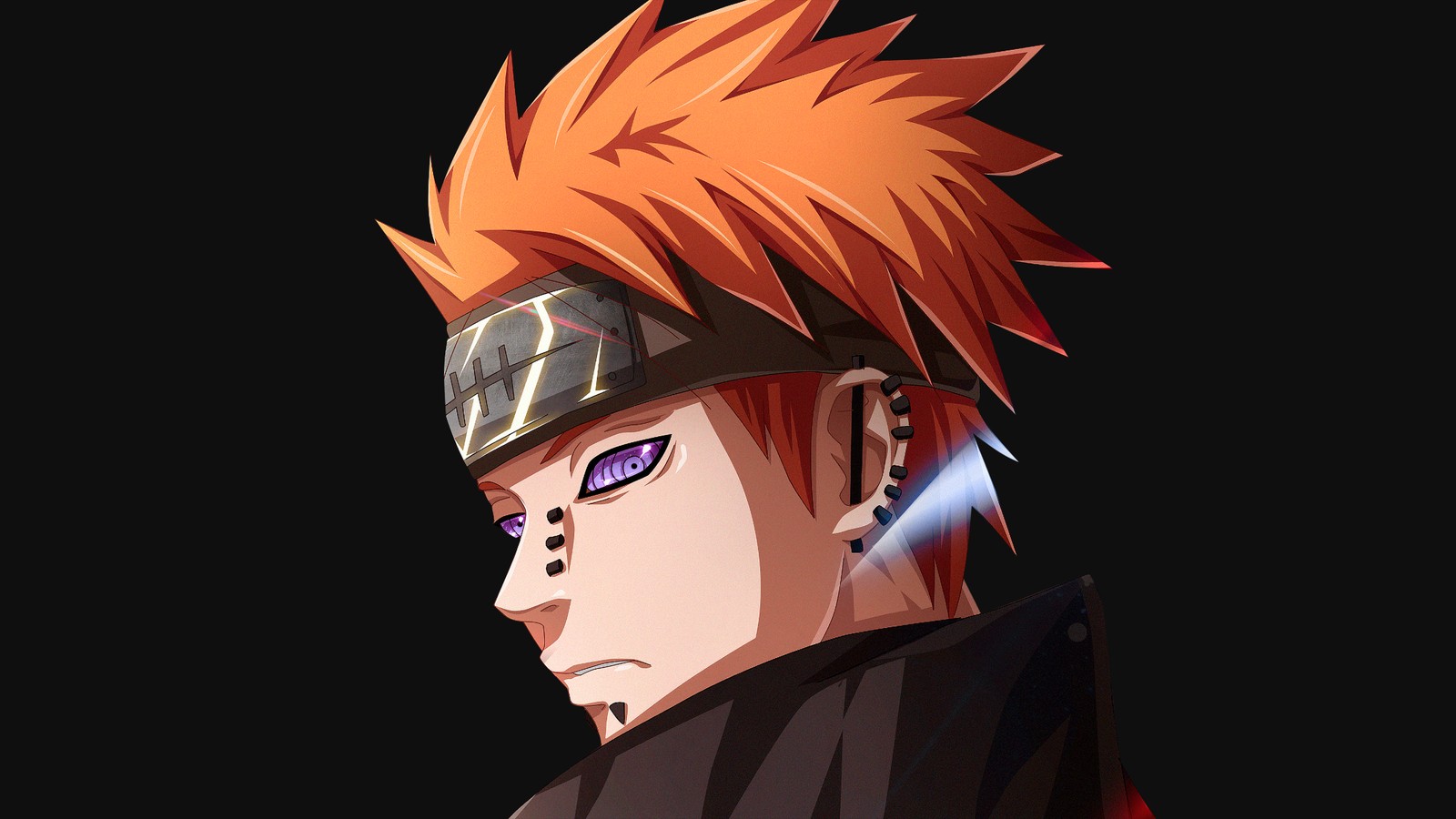 A close up of a person with a red hair and a black shirt (nagato, pain, naruto, dark background, 5k)