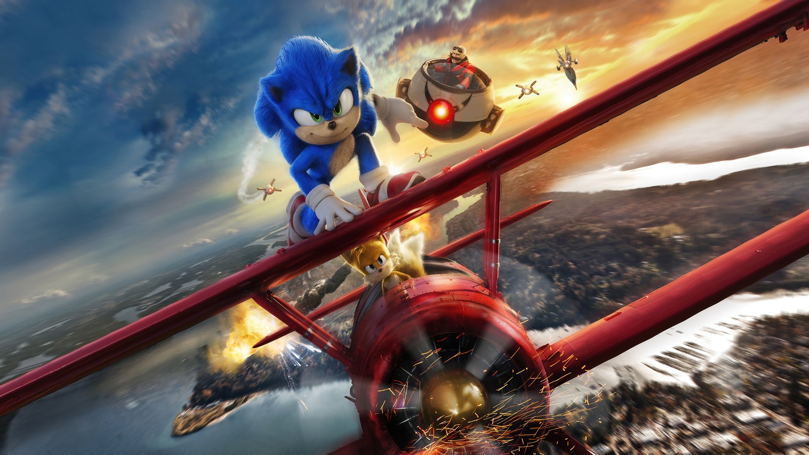 Sonic der igel und seine freunde fliegen über ein flugzeug (sonic the hedgehog 2, film, 2022, charaktere, sonic)