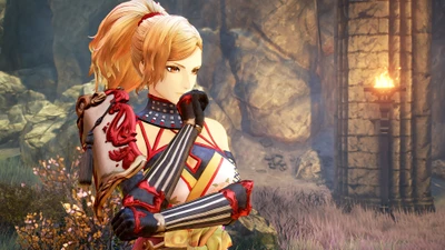 Kisara from Tales of Arise in a contemplative pose, set against a mystical landscape.