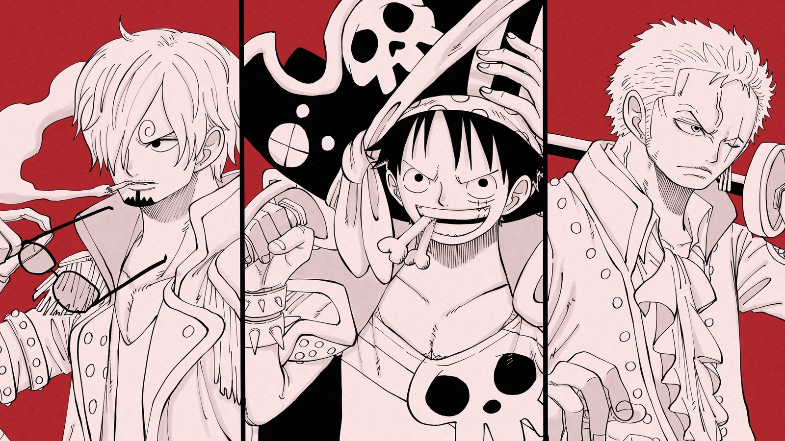 Аниме персонажи с мечами и черепами на красном фоне (один кусок красный, one piece red, аниме, anime, фильм)