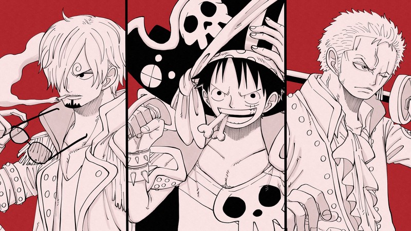 Аниме персонажи с мечами и черепами на красном фоне (один кусок красный, one piece red, аниме, anime, фильм)