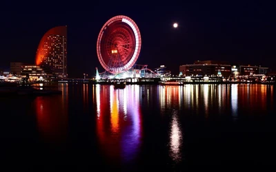 La grande roue illuminée se reflète dans le paysage nocturne de Tokyo