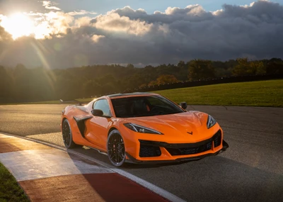 2023 Chevrolet Corvette Z06 mit Z07 Performance-Paket auf der Rennstrecke bei Sonnenuntergang.