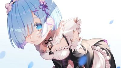 Рем из Re:Zero в очаровательном костюме горничной, окруженная нежными голубыми лепестками.