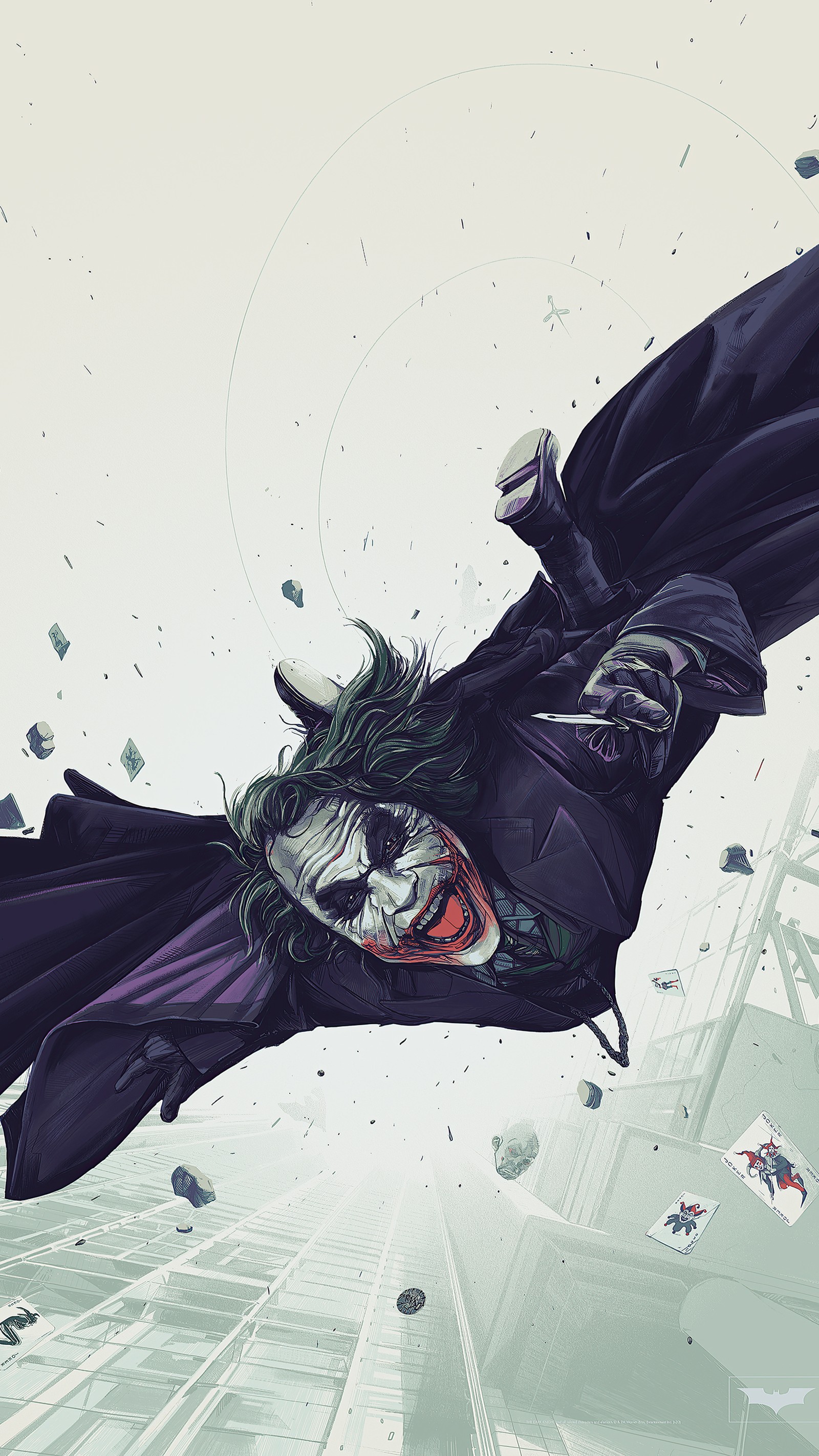 Batman flying through the air with his cape open (joker, batman, poster, film poster, art)