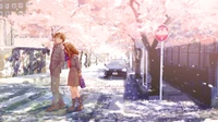 anime, romance, printemps, neige, arbre