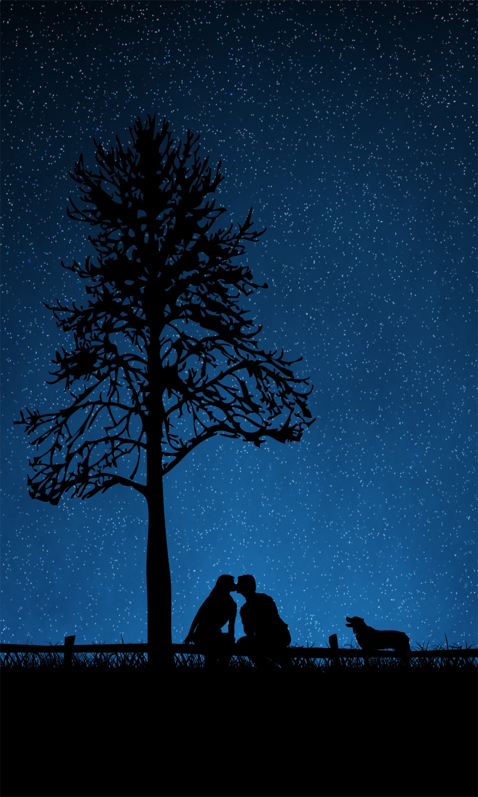 silhouette, tree, black, night, blue wallpaper