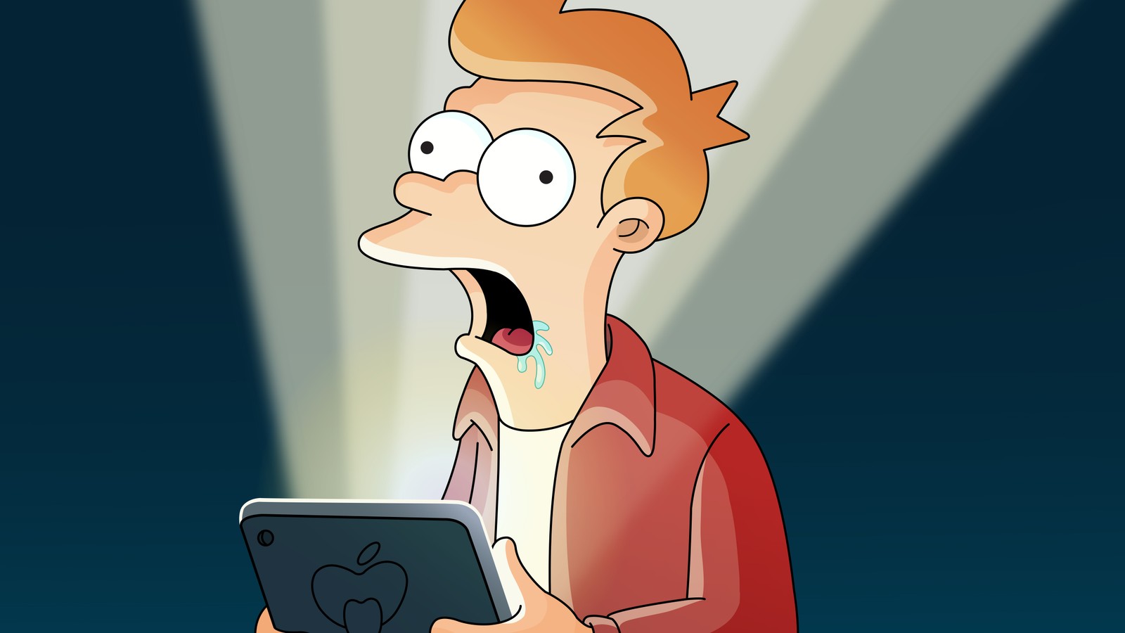 Un dessin animé d'un homme tenant une tablette avec un cœur dessiné dessus (phillip j fry, 10k, futurama, cartoon, comédie)