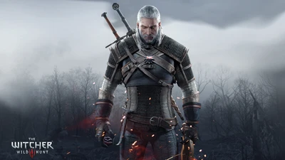 Geralt of Rivia in The Witcher 3: Wild Hunt, embodying strength and resilience against a dramatic backdrop.