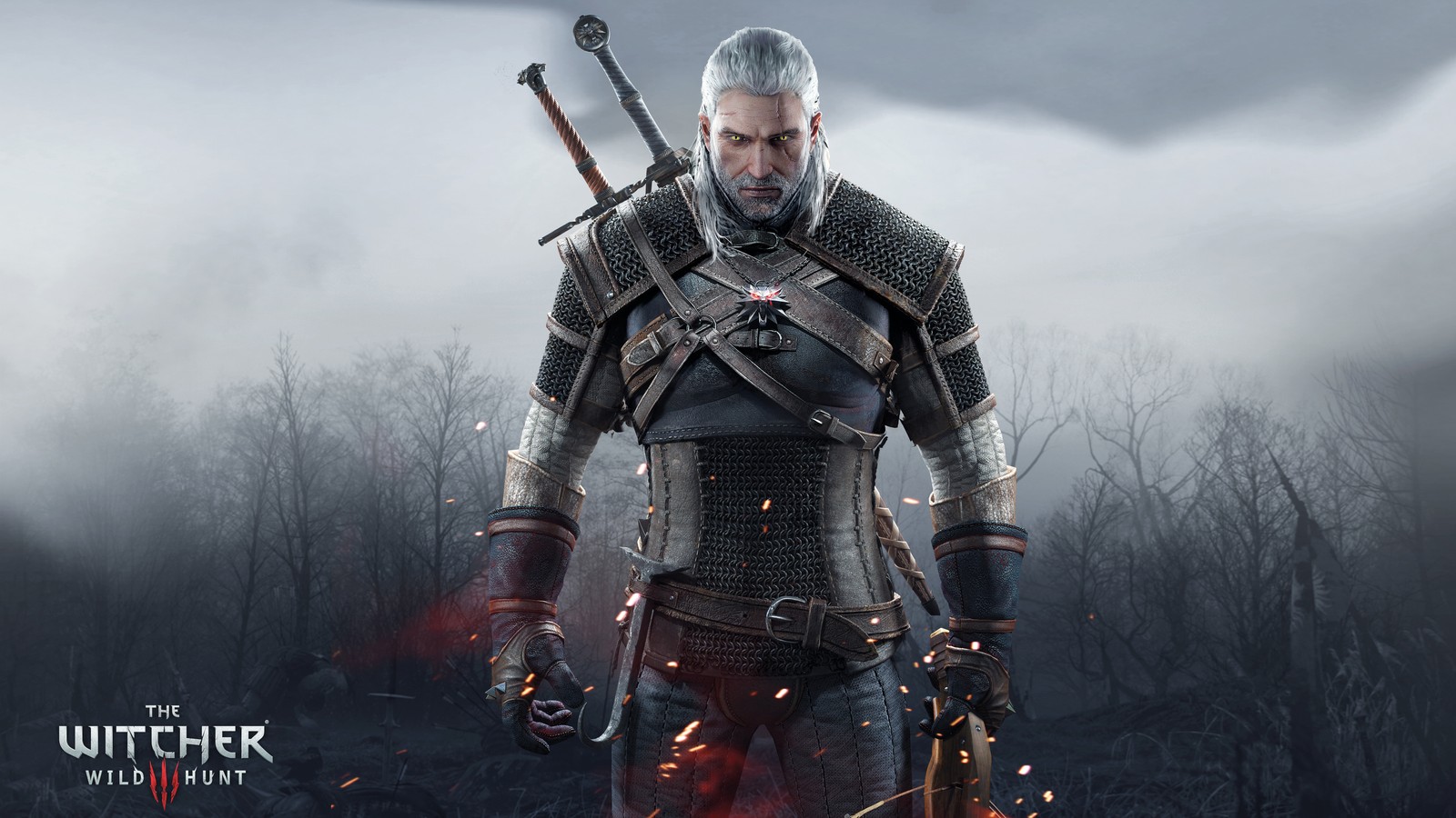 Ведьмак с двумя мечами стоит перед лесом (ведьмак 3 дикая охота, the witcher 3 wild hunt, геральт из ривии, geralt of rivia, 5k)