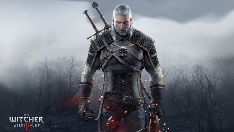 Ведьмак с двумя мечами стоит перед лесом (ведьмак 3 дикая охота, the witcher 3 wild hunt, геральт из ривии, geralt of rivia, 5k)