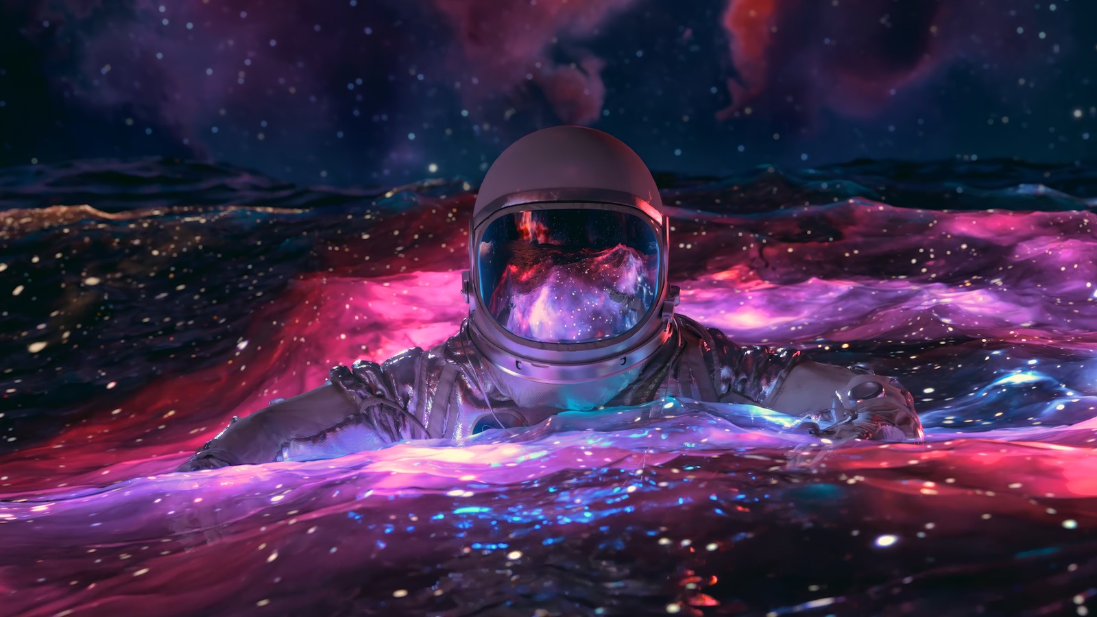 A man in a space suit floating in a body of water (astronaut, ocean, swimming, digital art)