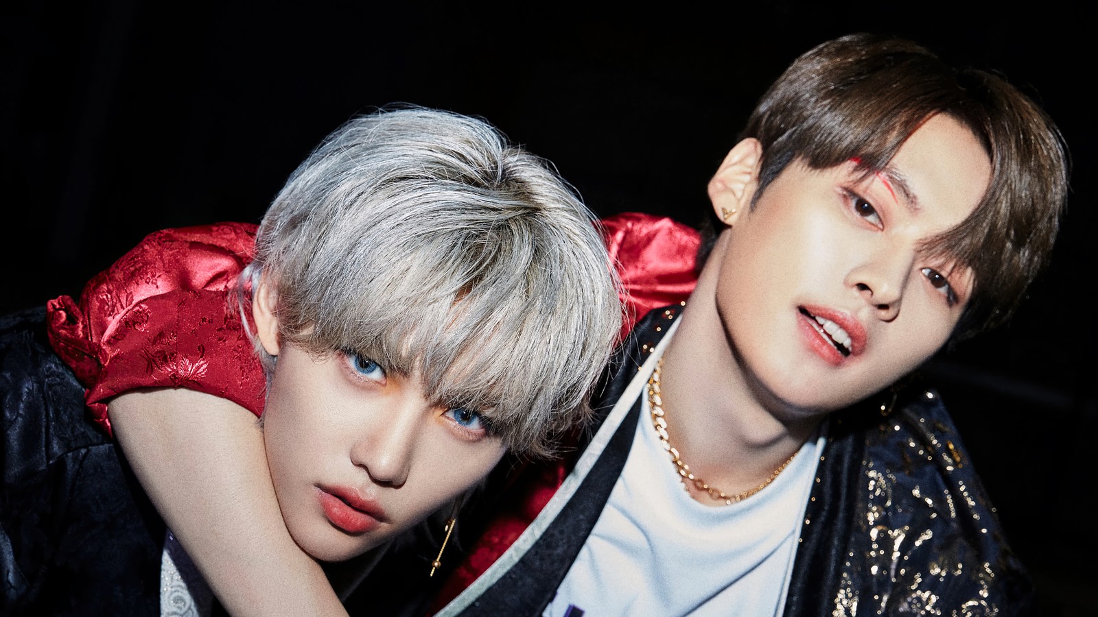 Two young men posing for a picture in a black and red jacket (stray kids, 스트레이 키즈, kpop, k pop, back door)