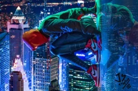 Miles Morales as Spider-Man perched on a skyscraper, blending urban cityscape with vibrant electric blue and purple hues, showcasing his iconic Air Jordan sneakers against a backdrop of a dazzling metropolis at night.