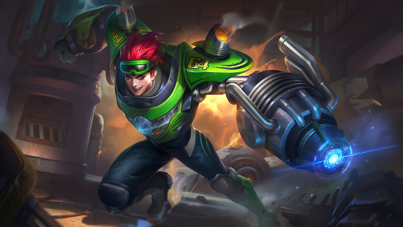 Um homem em um traje verde e vermelho segurando uma grande arma (xborg, moto drifter, pele, mobile legends, bang bang)