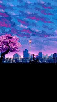 Neon Cityscape at Dusk with Blooming Cherry Blossom