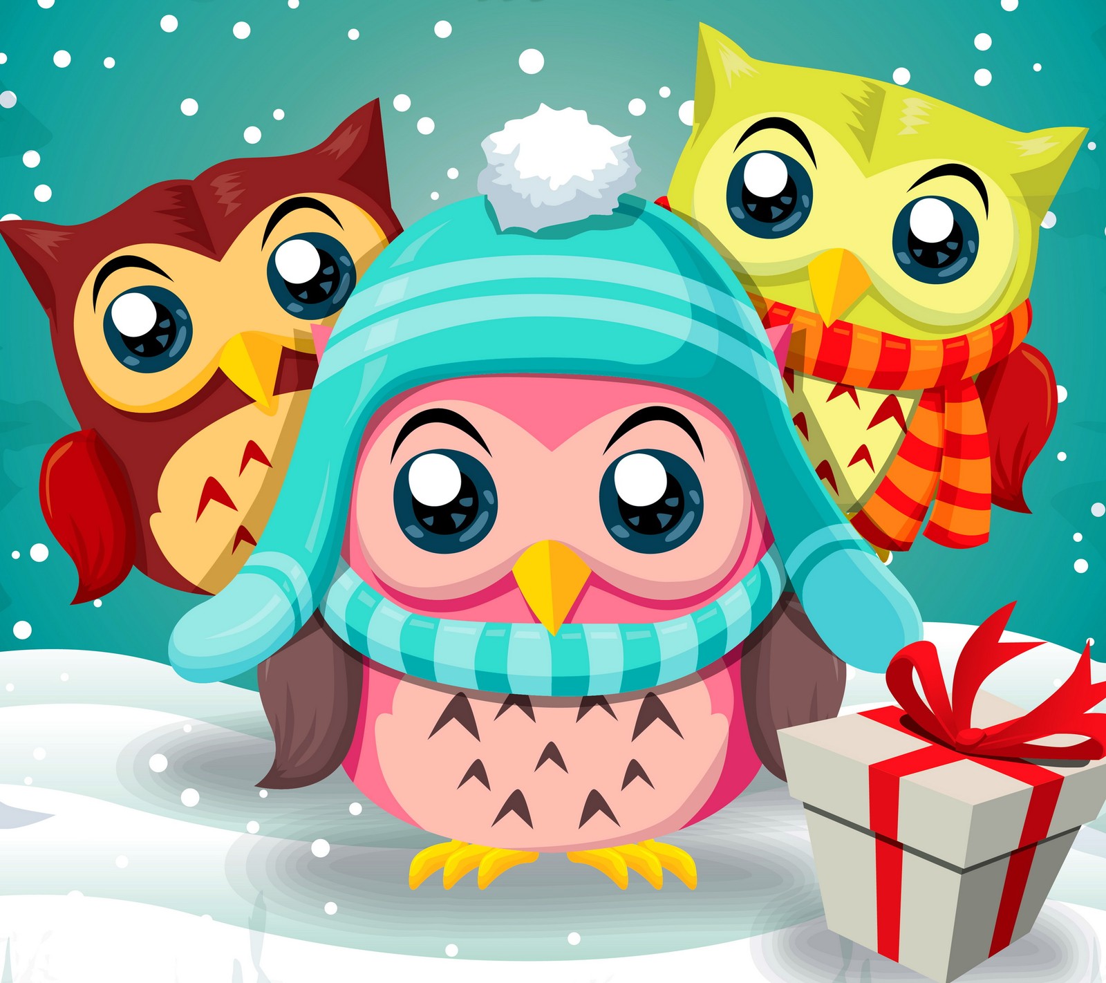 Cartoon owl with gifts in winter scene with snow (cartoon, christmas, cute, funny, holiday)