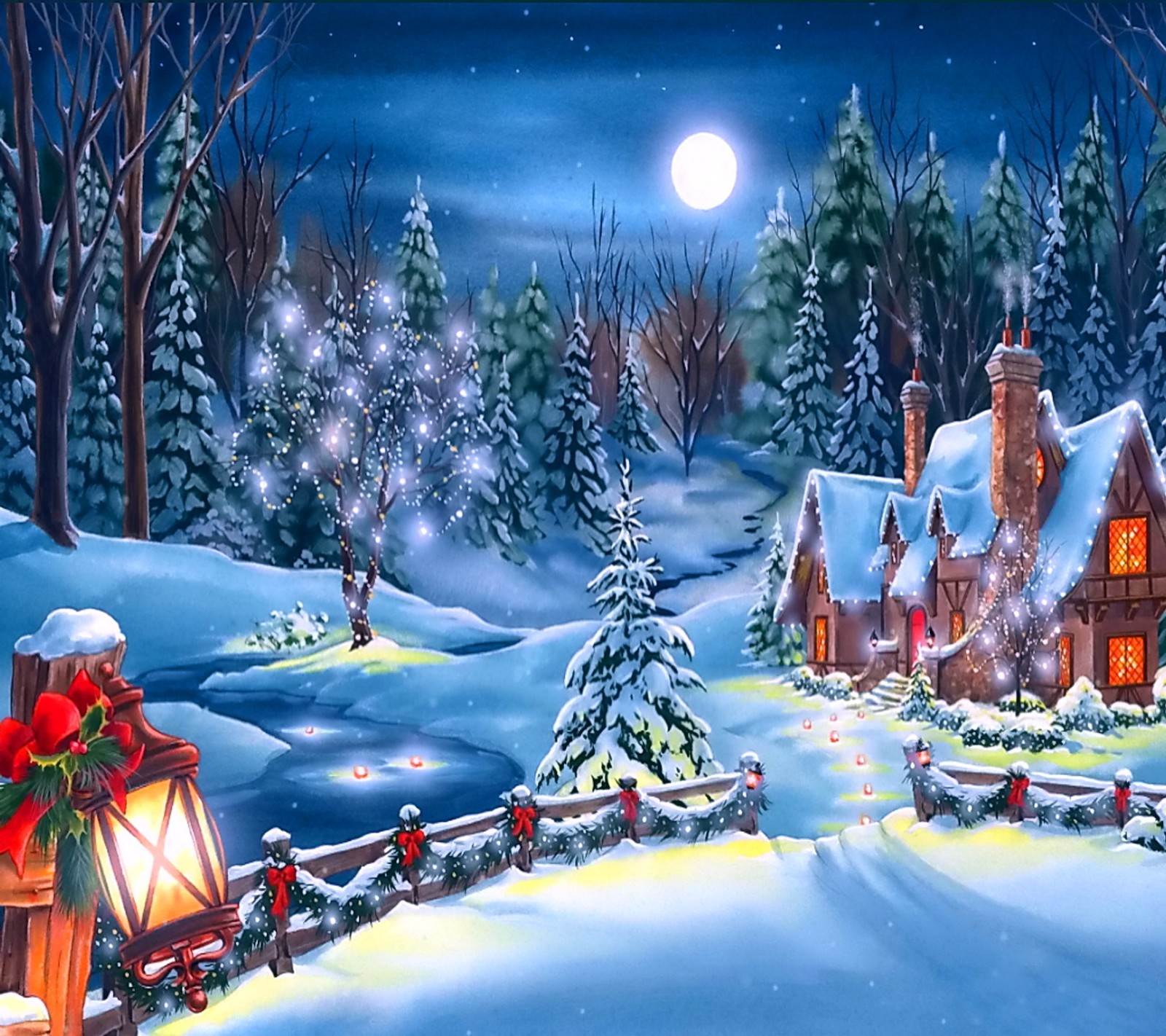 Snowy night scene with a house and a lantern (christmas, eve, house, night, snow)