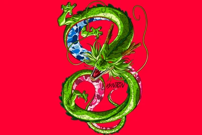 Dragón Shenron en verde vibrante contra un fondo rojo