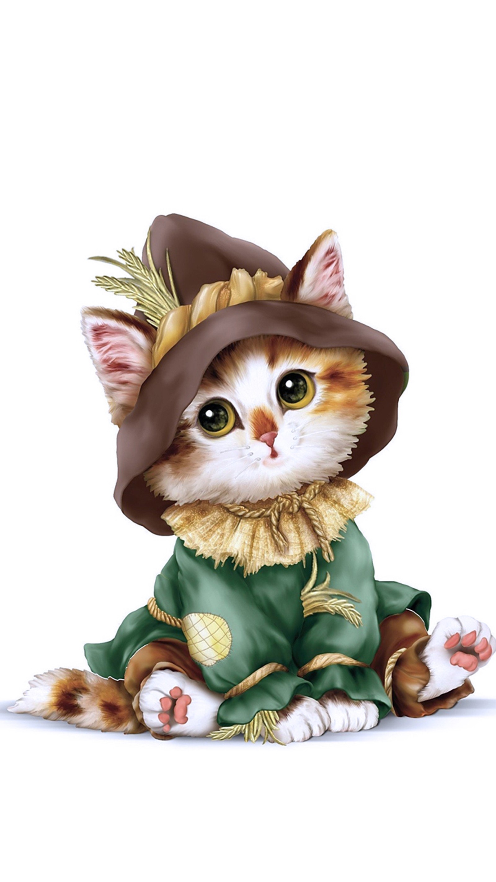 There is a cat wearing a costume and a hat (cat, cute, kitten)