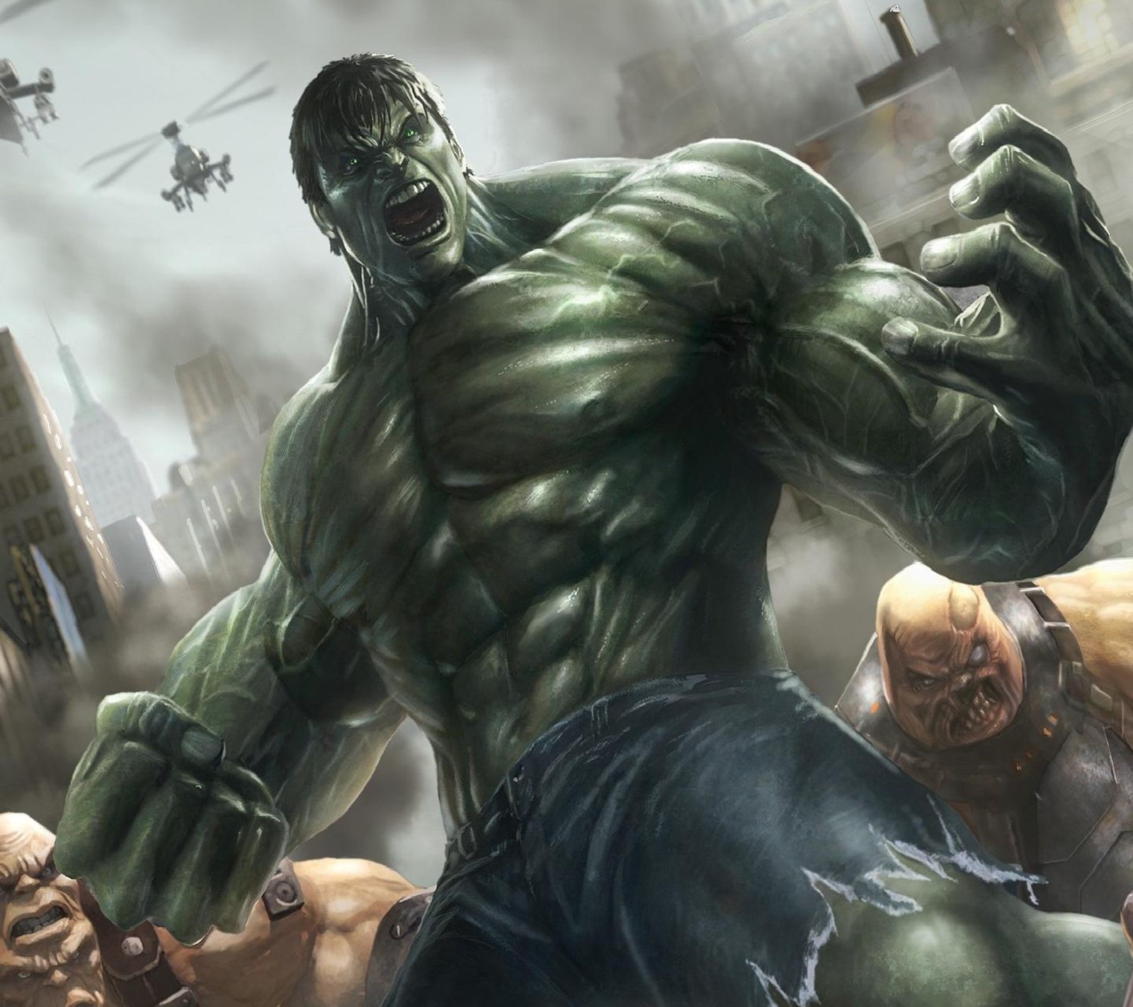 Hulk et les avengers se battent dans une ville (cartoon, vert, hollywood, horreur, super héros)