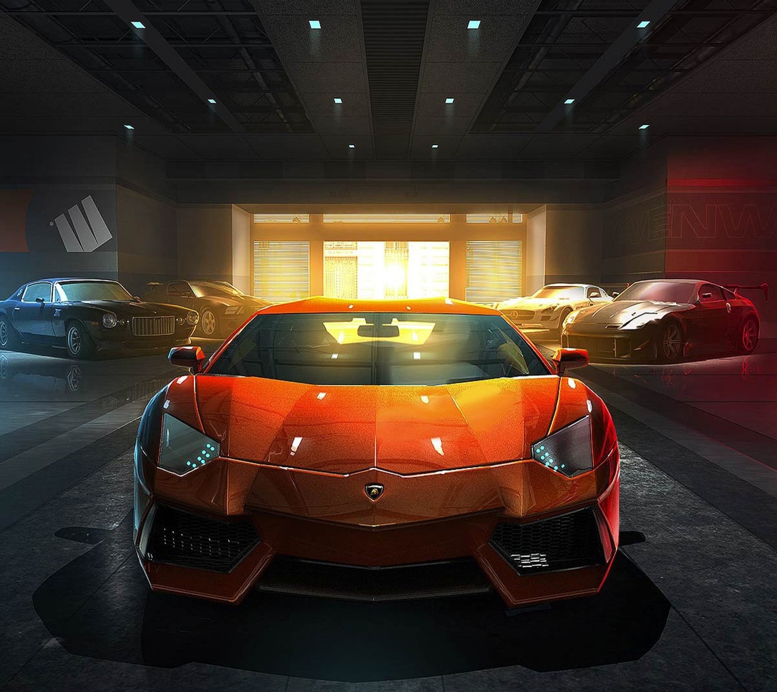 A close up of a car in a garage with other cars (aventador, car, lamborghini)