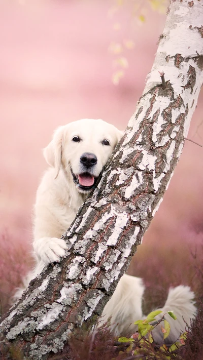 birch, dog, golden retriever