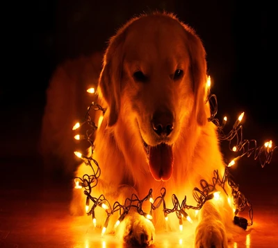 Golden retriever cercado por luzes de corda quentes e brilhantes.