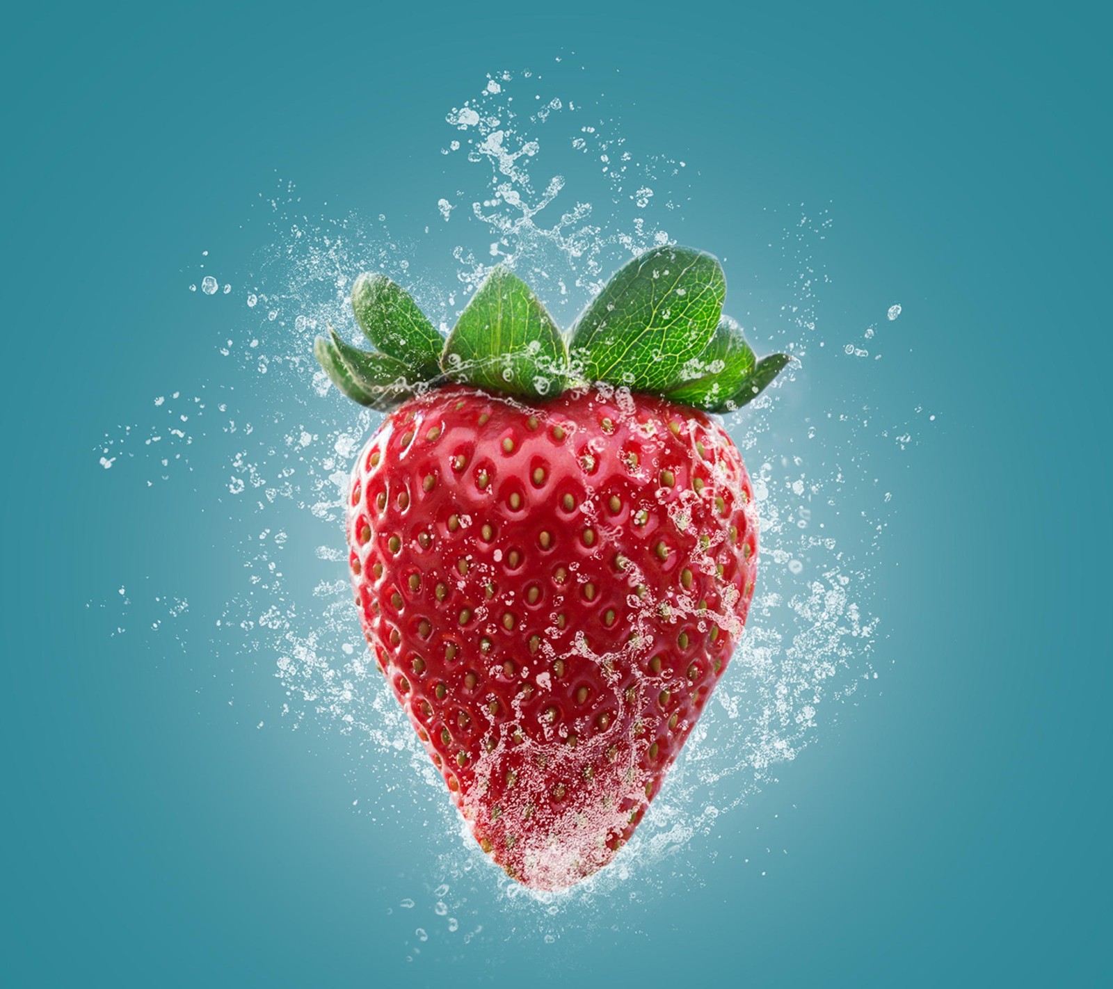 Araffe strawberry with water splash and green leaves on a blue background (love, strawberry)