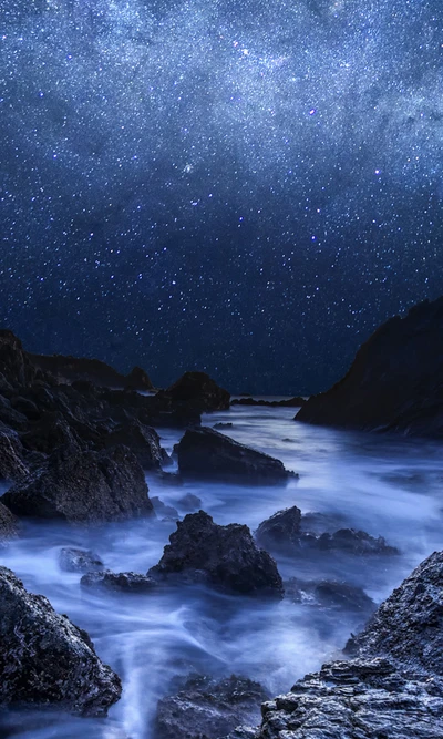 Starry Night Over Serene Rocky Shore