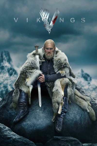 A fierce Viking warrior clad in fur, seated on a rock with a sword, against a dramatic mountainous backdrop.