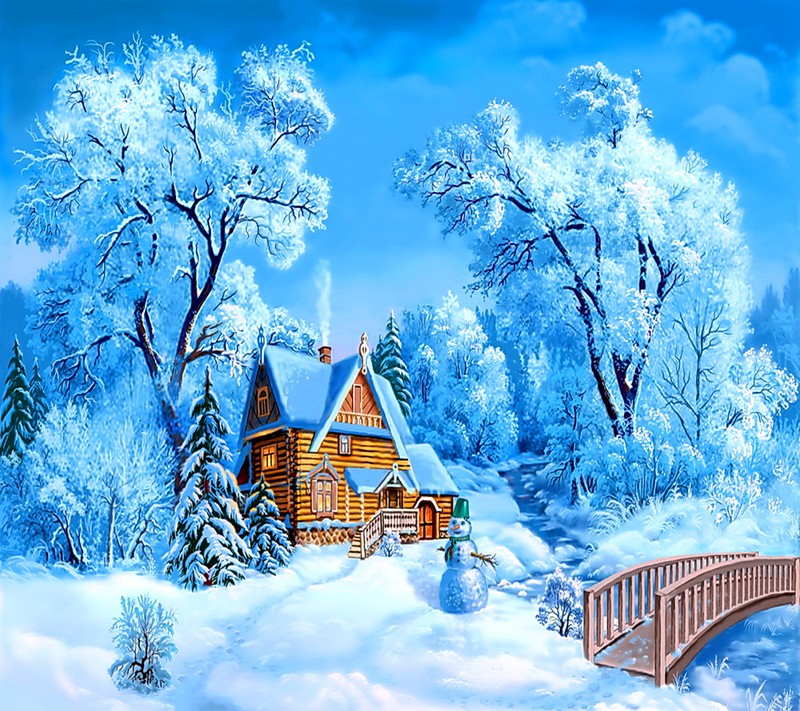 Painting of a snowy cabin with a bridge and a snowman (house, snow, village, winter)