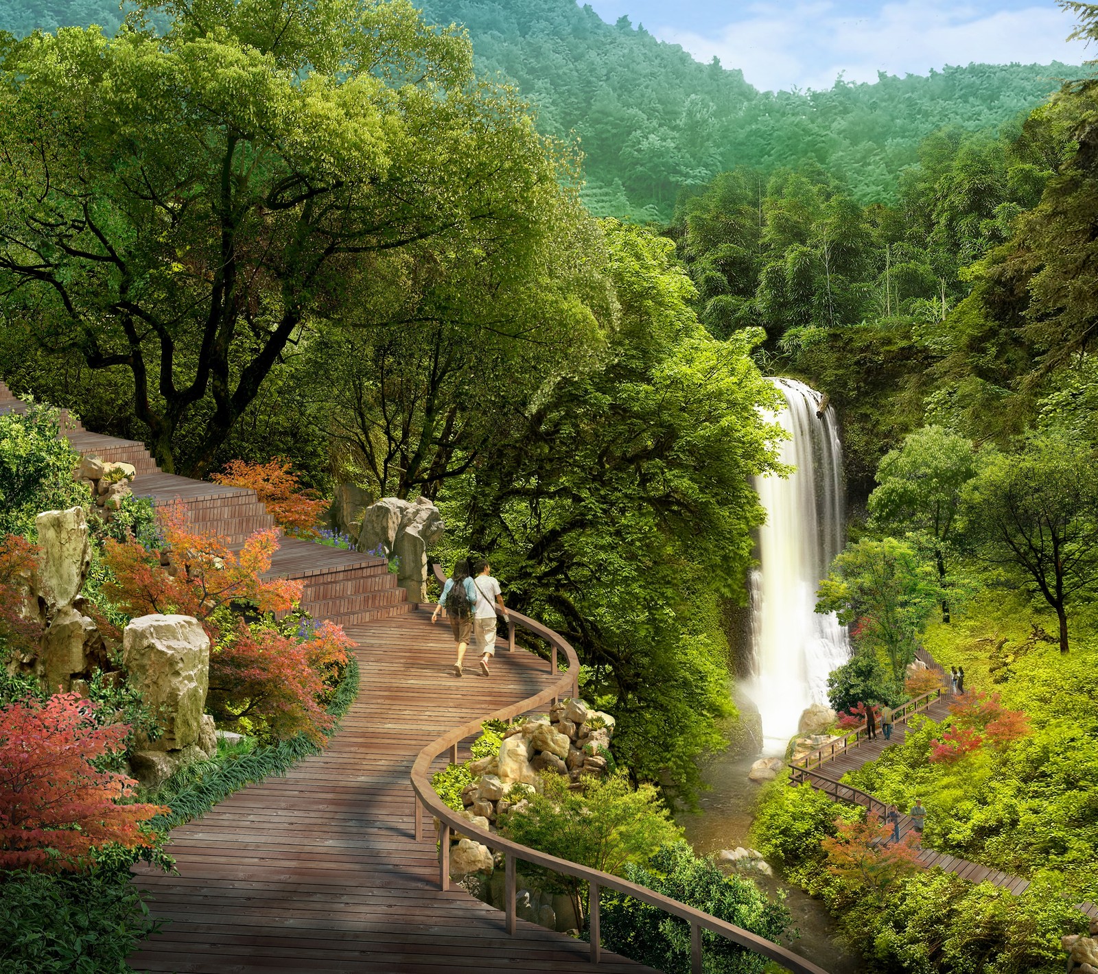 A view of a waterfall and a wooden walkway in a forest (flowers, landscape, nature, pathway, plants)