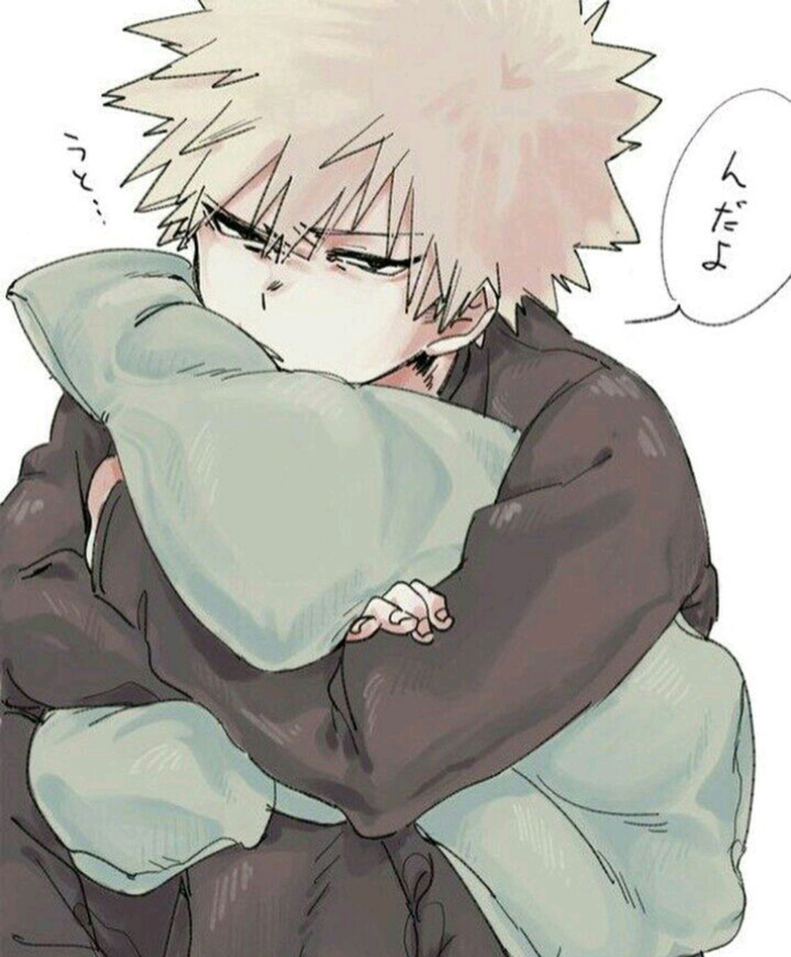 Anime boy with a pillow hugging his face with a speech bubble above him (bnha, katsuki, myheroacademia)