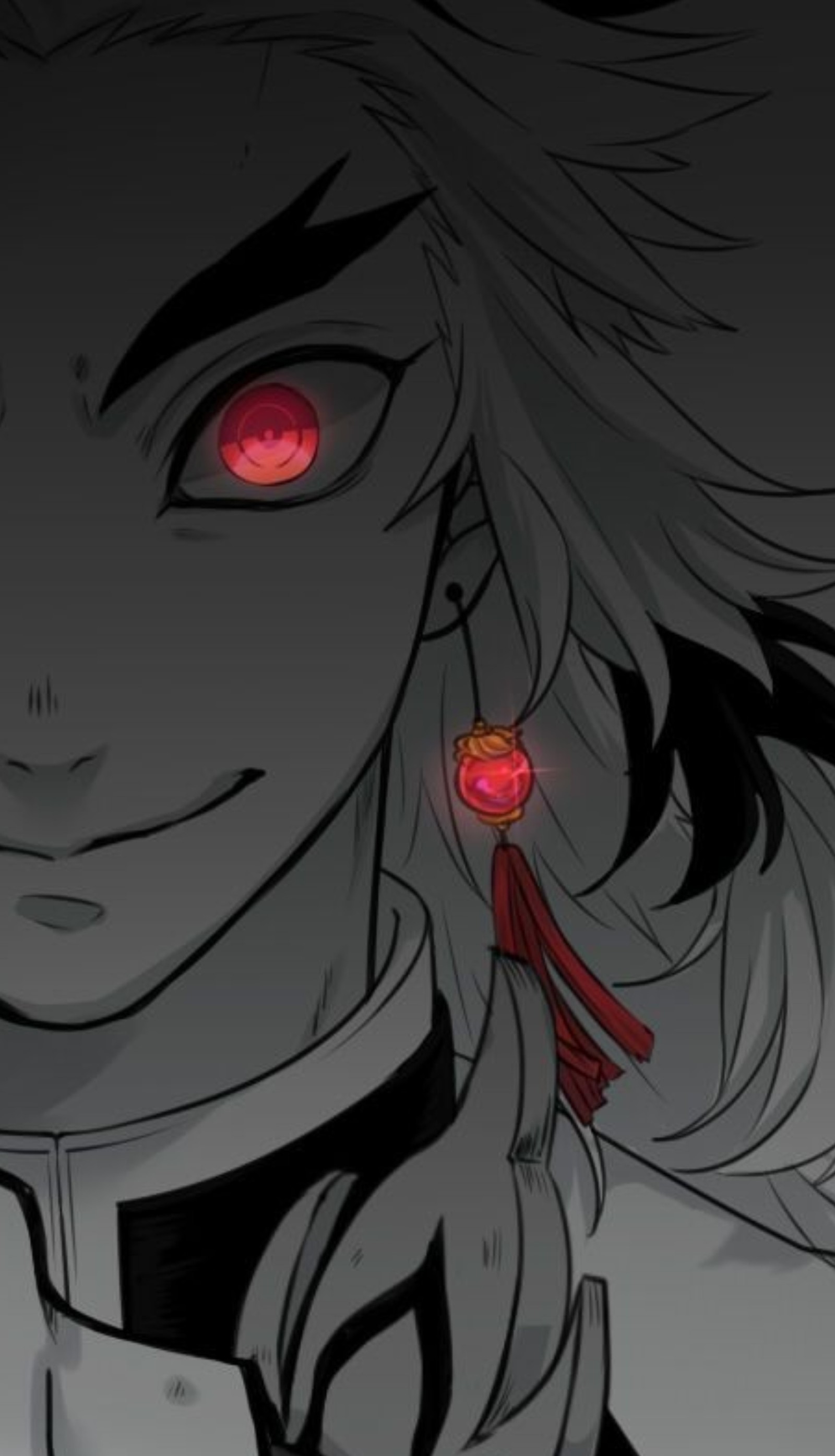 A close up of a person with red eyes and a tie (demon slayer, inosuke, kyojuro, kyojuro rengoku, nezuko)