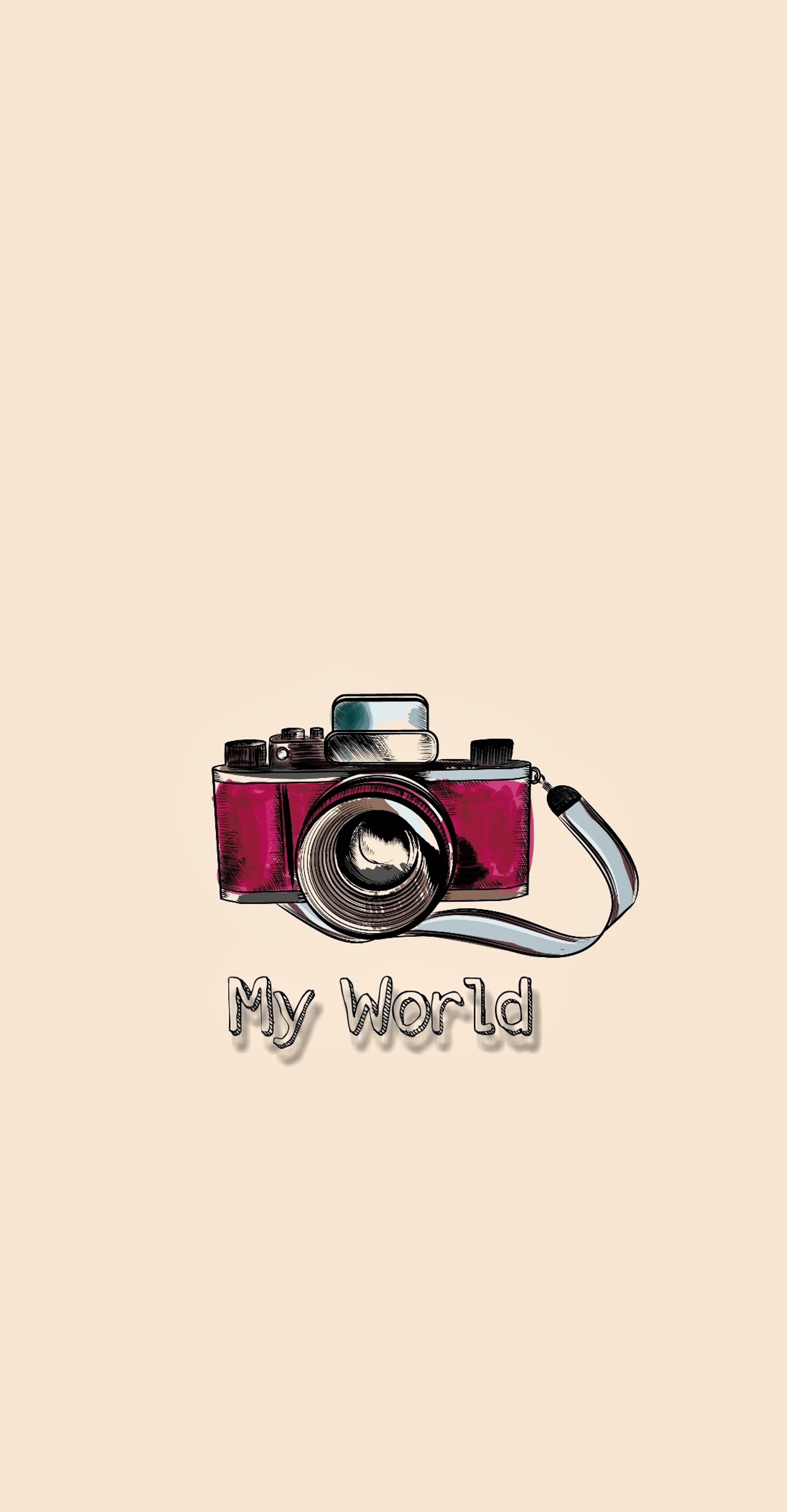 There is a picture of a camera with the words my world on it (camera, draw, girl, logo, love)