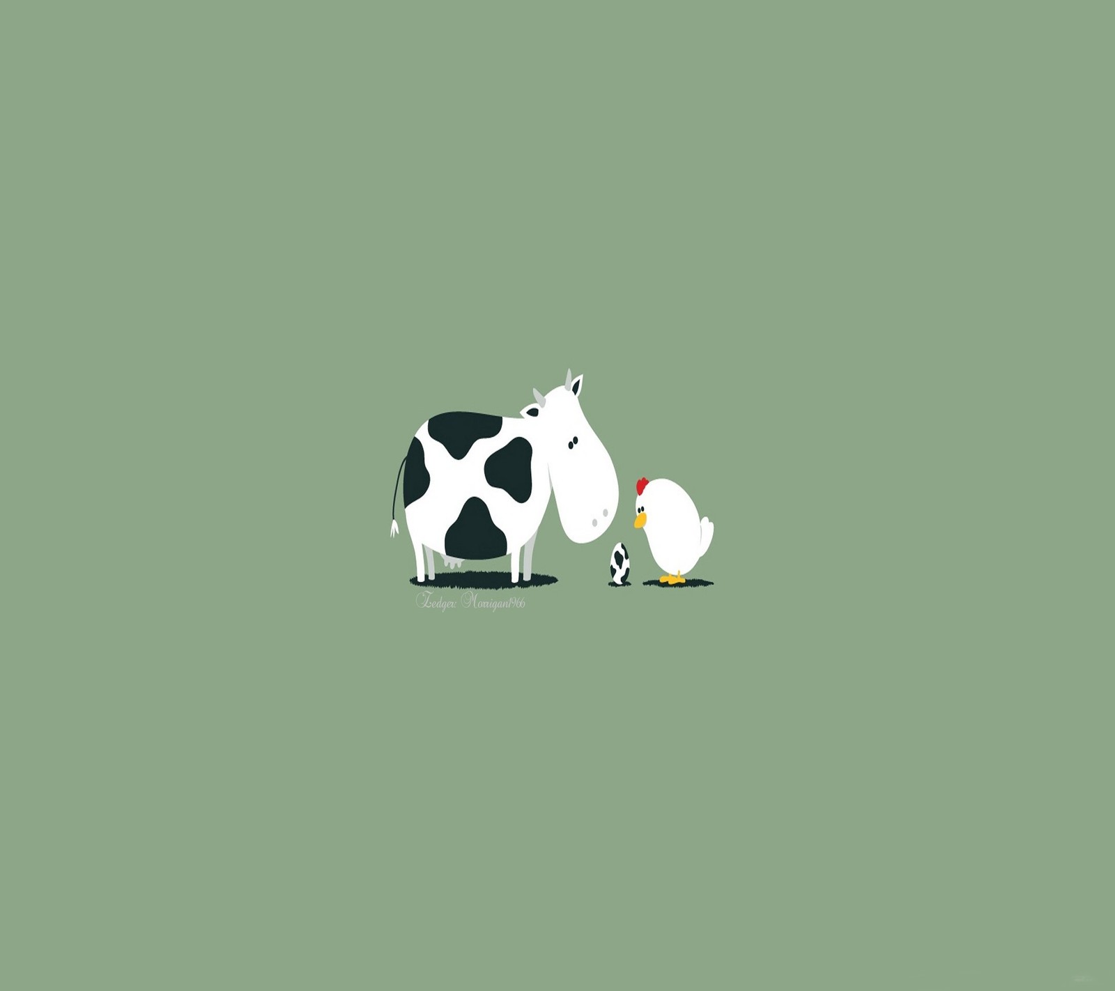 There is a cow and a chicken standing together on a green background (fun, funny, humor)