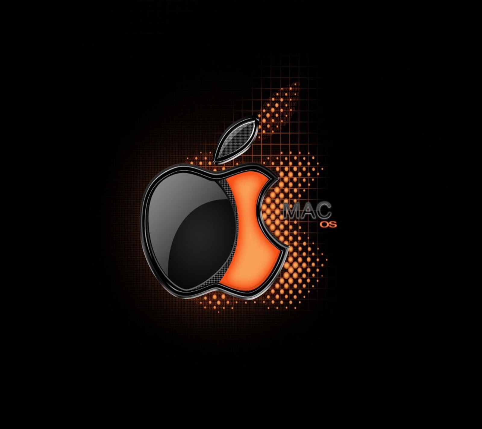 An apple logo on a black background with orange dots (marcas, pc, sprigamelvirus)