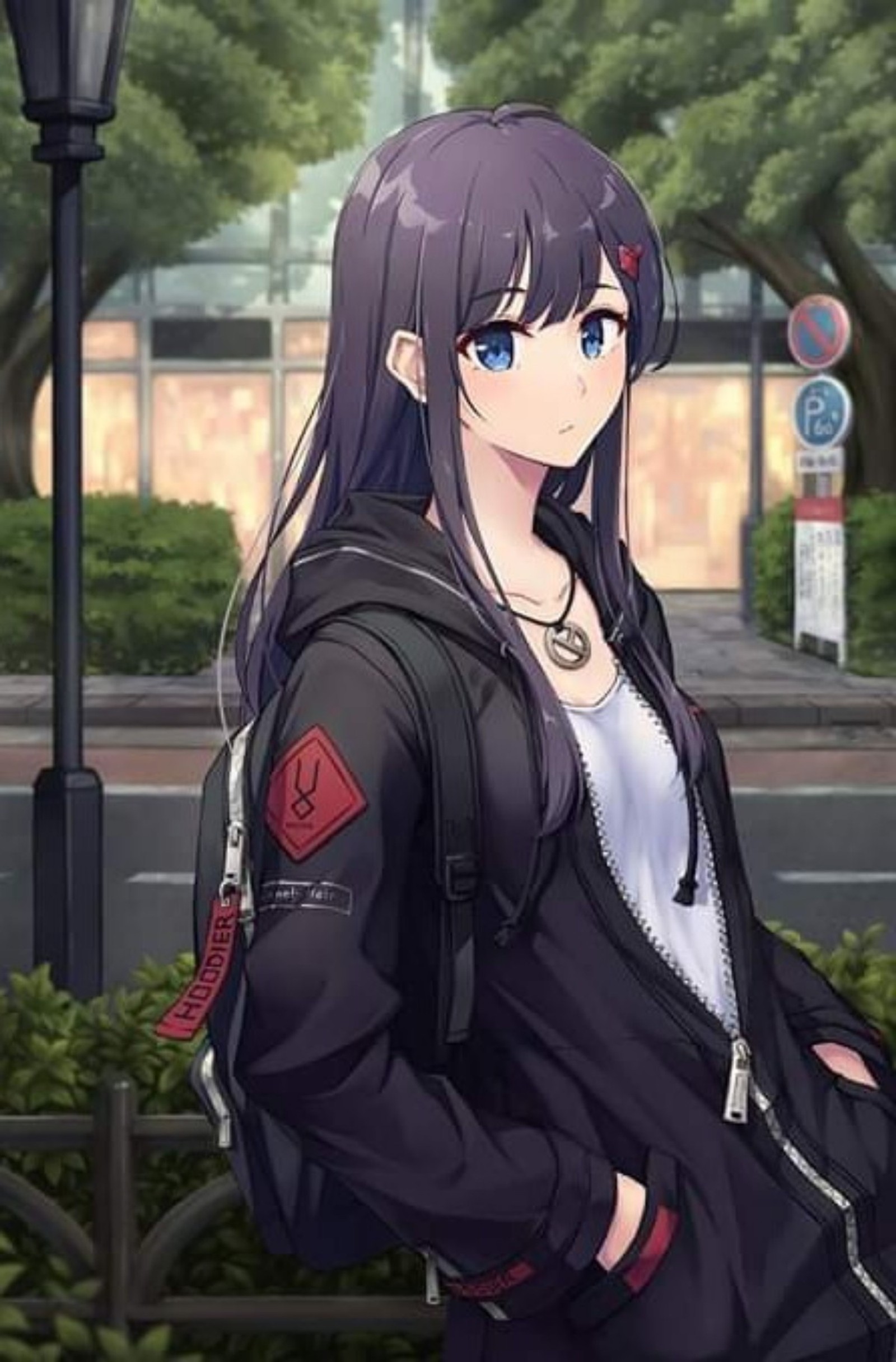 Anime girl with long hair and blue eyes standing in front of a street light (anime, cool)