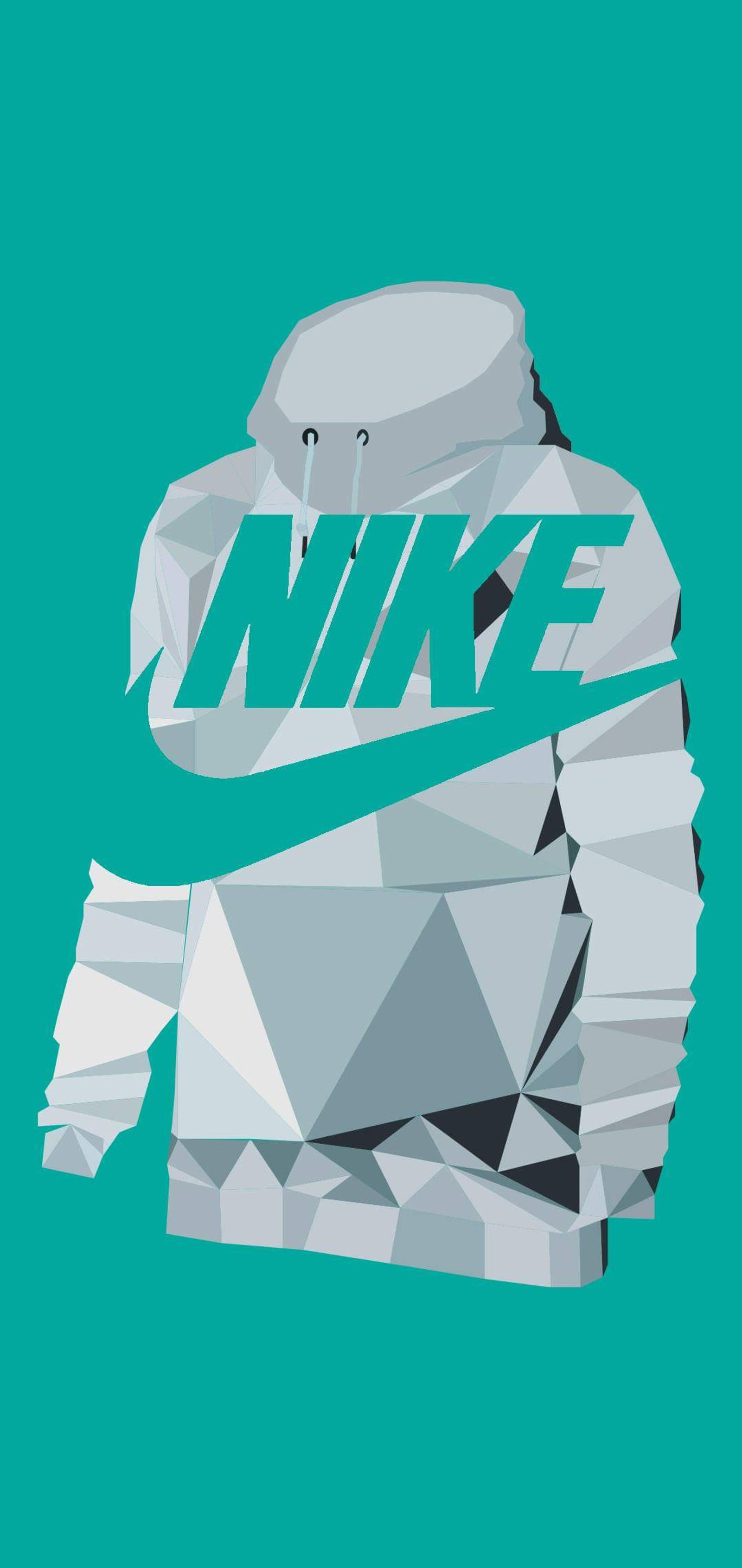 Un primer plano de un logo de nike blanco y verde sobre un fondo azul (marca, marcas, genial, guay, sudadera con capucha)