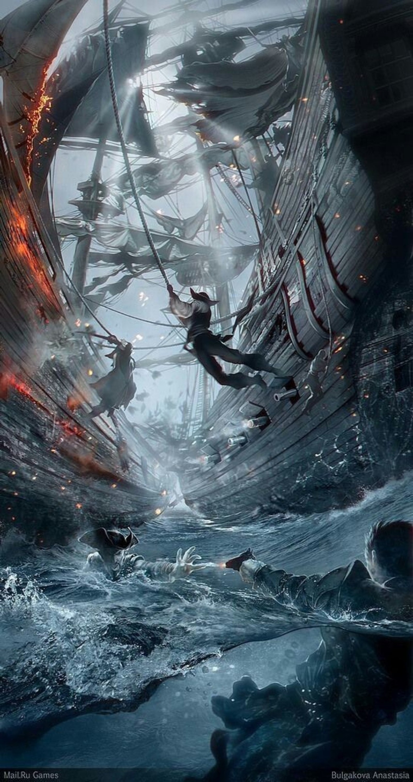 A man on a boat in the middle of a storm with a ship in the background (battle, ocean, pirates, sea, ship)