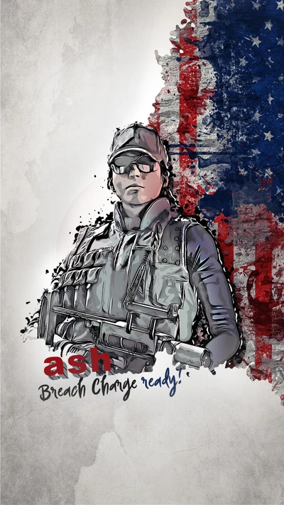 Ash aus Rainbow Six Siege, ausgerüstet und bereit mit einem Sprengsatz, vor einem strukturierten Hintergrund mit der amerikanischen Flagge.