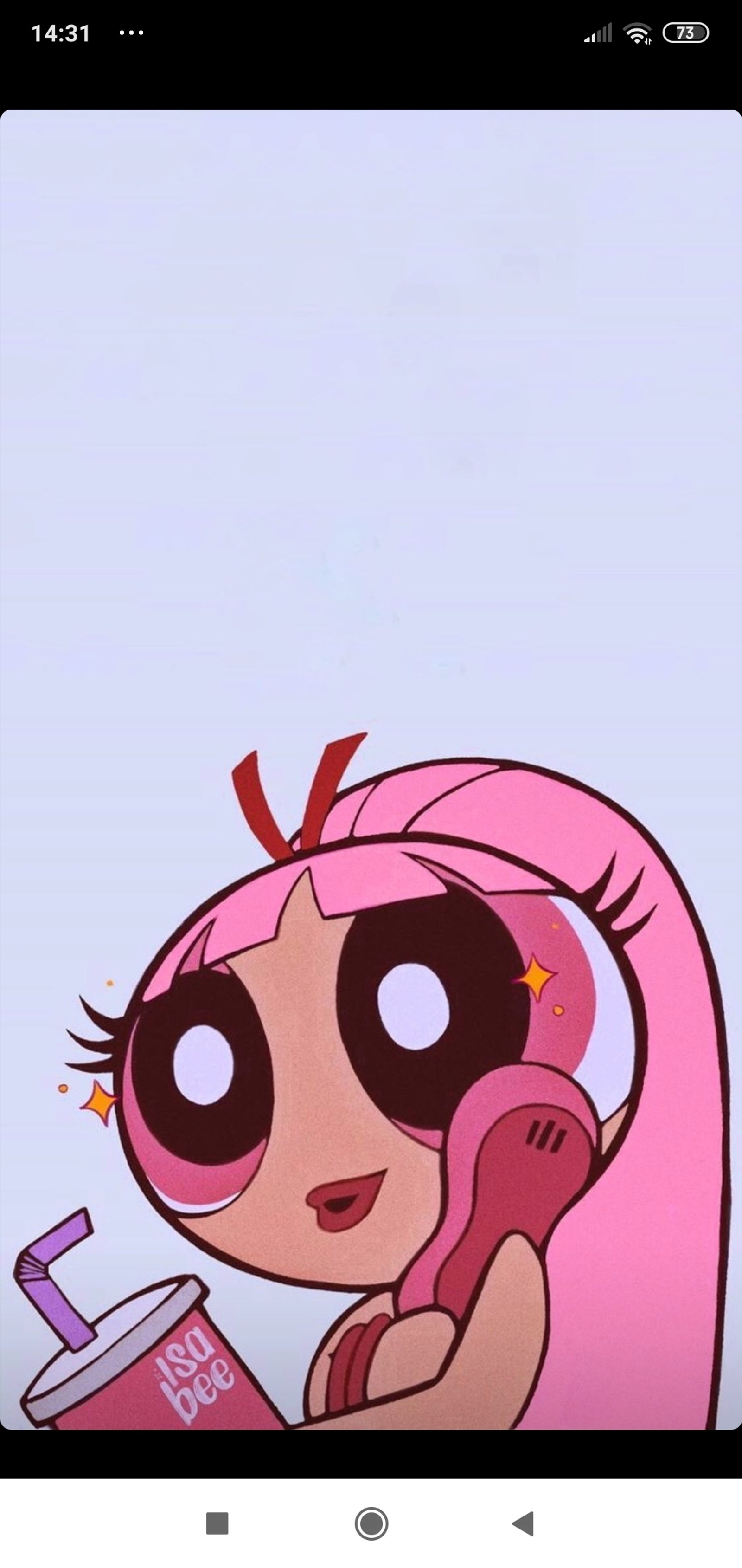 A close up of a cartoon character talking on a cell phone (pink, powerpuff girls, rosa)