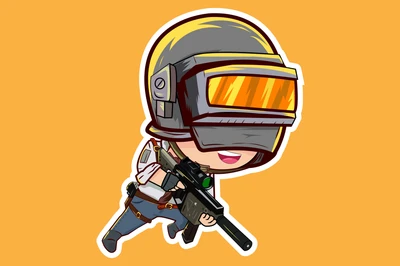 Personagem de astronauta de desenho animado com um capacete de futebol, empunhando uma arma, contra um fundo laranja vibrante.