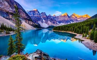 Reflexões tranquilas do Lago Moraine cercado por picos majestosos no Parque Nacional de Banff