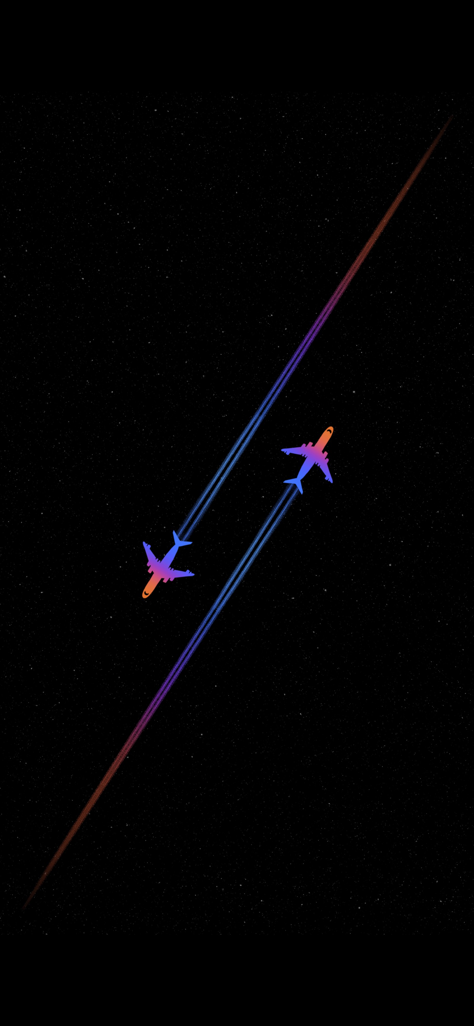 There are two airplanes flying in the sky at night (amoled, monoplane, airplane, flight, aircraft)