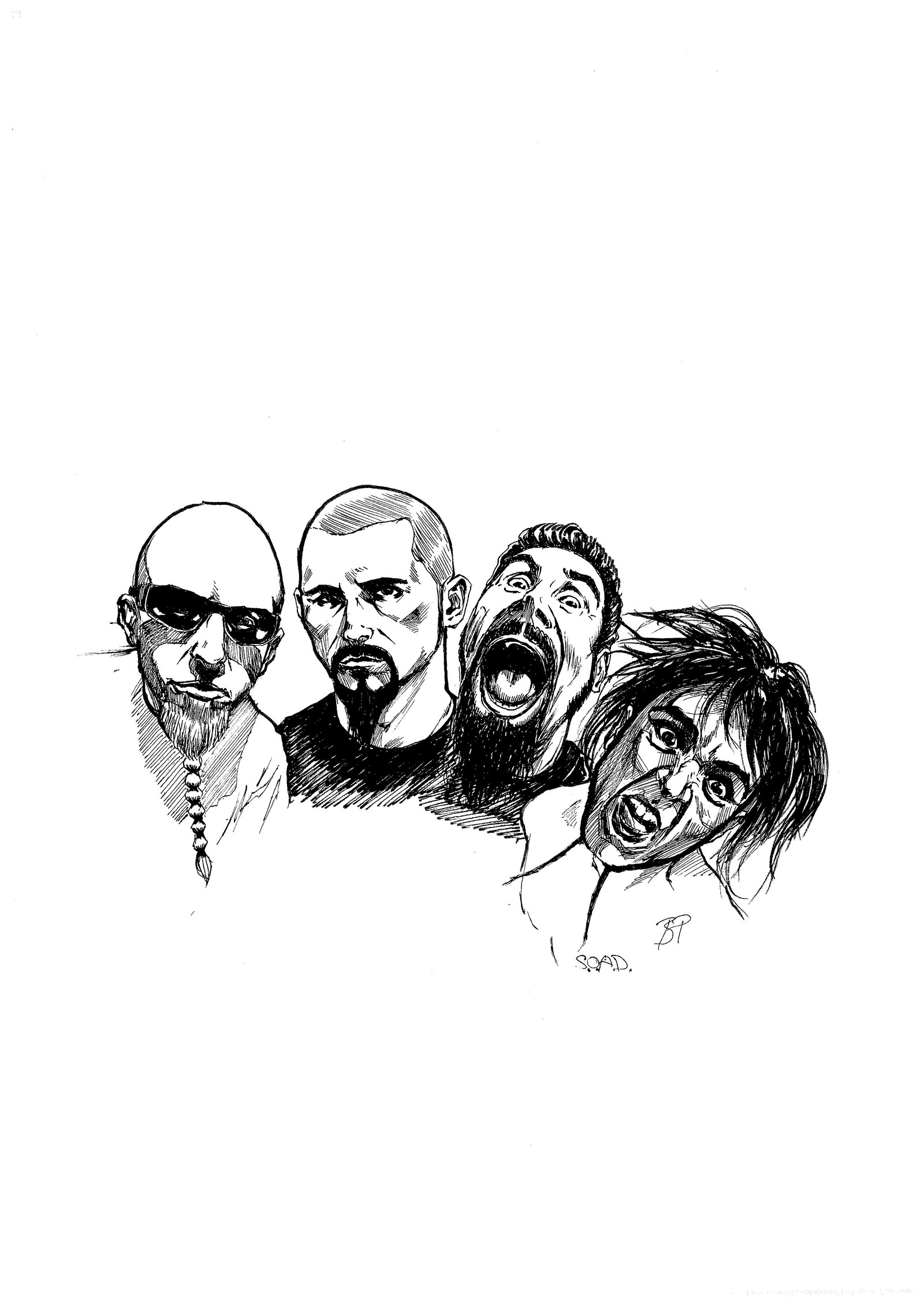 A drawing of a group of people with one man screaming (system of a down, portrait, musical ensemble, drawing, sketch)