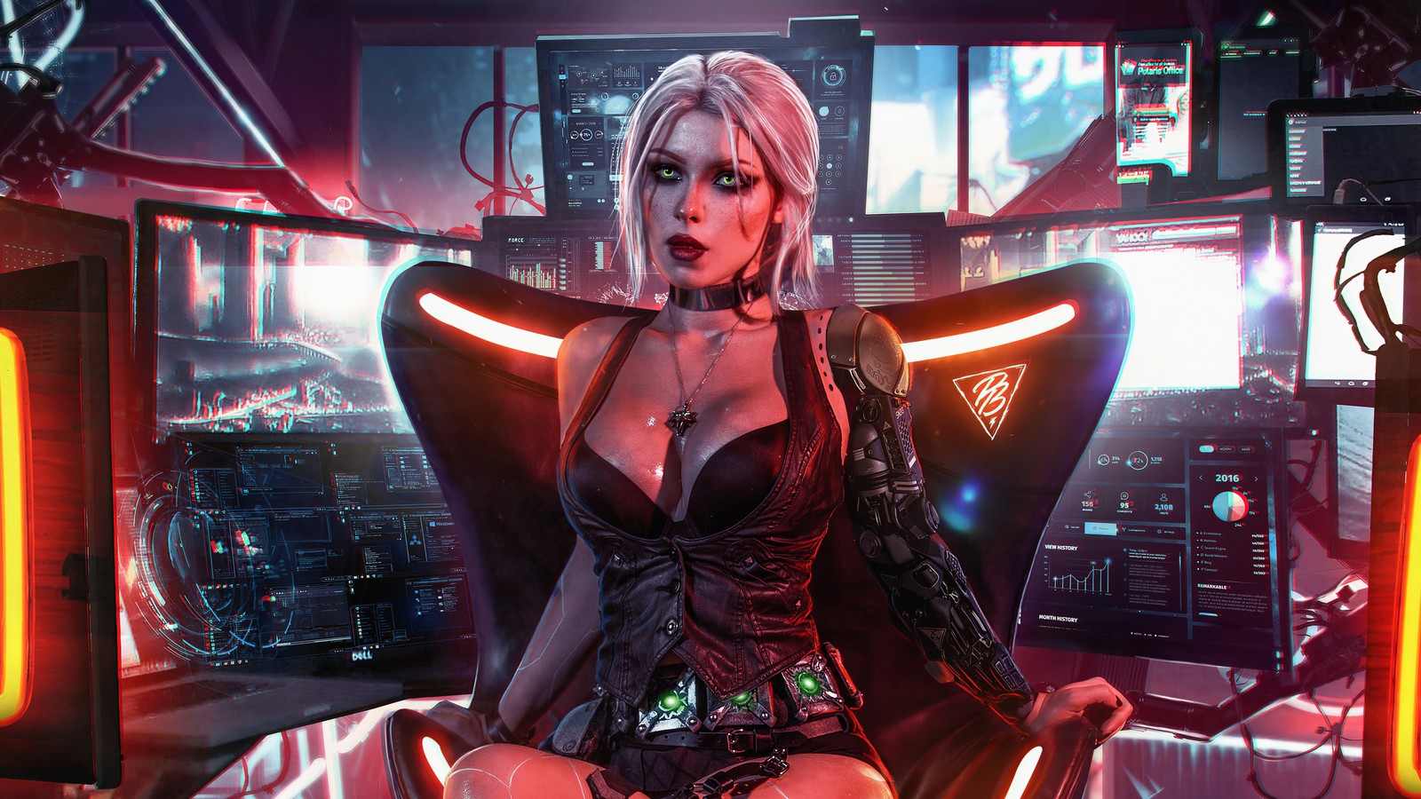 Une femme dans une pièce futuriste avec des lumières néon et une chaise (cyberpunk 2077, gameplay, jeu vidéo de rôle, divertissement, événement)