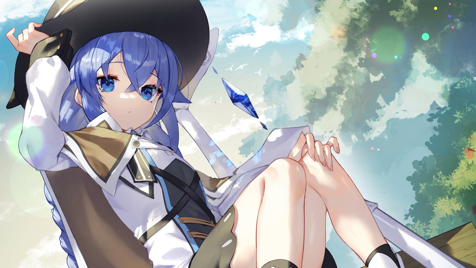 Chica anime con cabello azul y sombrero negro sentada en una rama de árbol (roxy migurdia, mushoku tensei isekai ittara honki dasu, anime, isekai ittara honki dasu, lo intentaré seriamente si voy a otro mundo)